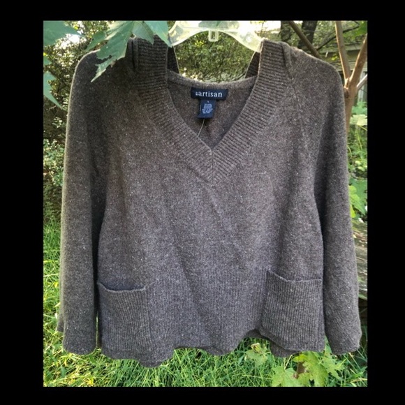 BY artisan GREY/BROWN HEATHER/TWEED V-NECK HOODIE CROPPED PULLOVER SWEATER - Picture 1 of 6